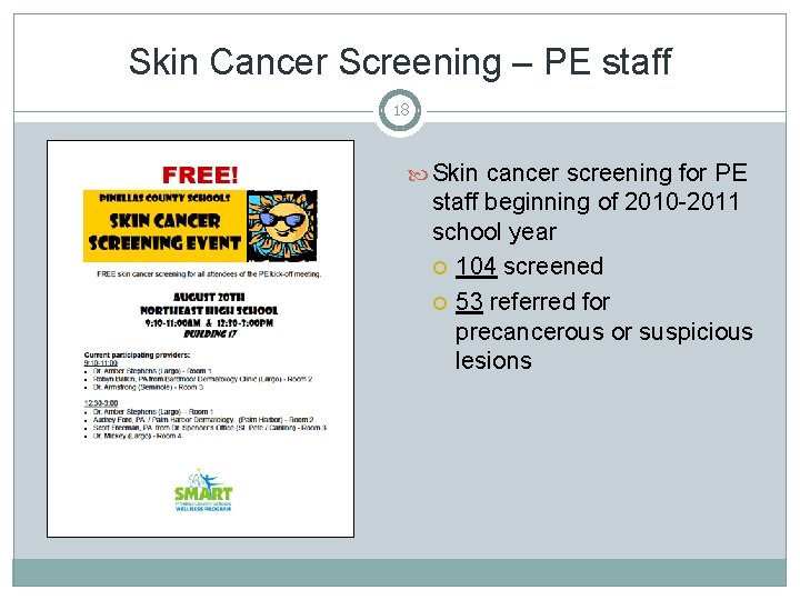 Skin Cancer Screening – PE staff 18 Skin cancer screening for PE staff beginning