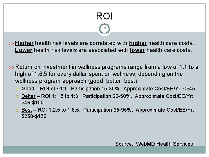 ROI 8 Higher health risk levels are correlated with higher health care costs. Lower