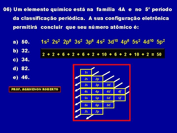 06) Um elemento químico está na família 4 A e no 5º período da 06) Um elemento químico está na família 4 A e no 5º período da
