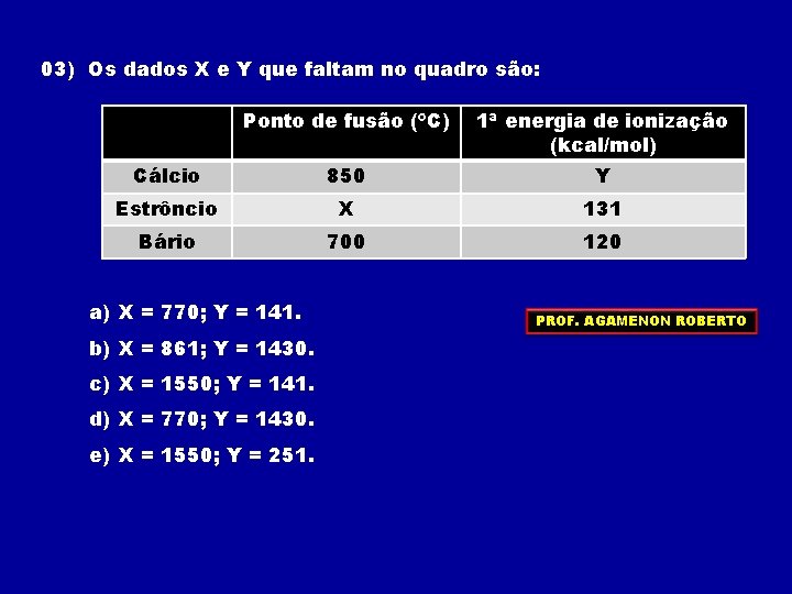 03) Os dados X e Y que faltam no quadro são: Ponto de fusão 03) Os dados X e Y que faltam no quadro são: Ponto de fusão