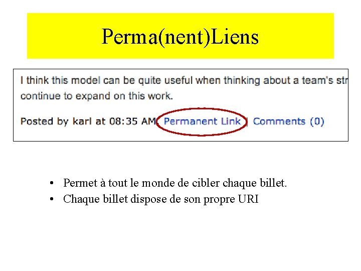 2. Fonctionnalités Perma(nent)Liens • Permet à tout le monde de cibler chaque billet. •