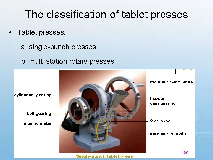 The classification of tablet presses • Tablet presses: a. single-punch presses b. multi-station rotary