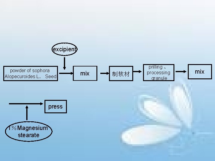 excipient powder of sophora AIopecuroides L． Seed press 1％Magnesium stearate mix 制软材 prilling 、