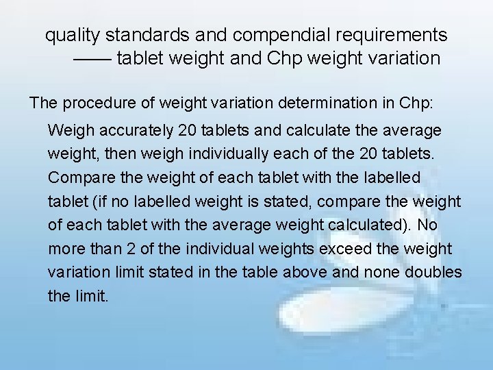 quality standards and compendial requirements —— tablet weight and Chp weight variation The procedure
