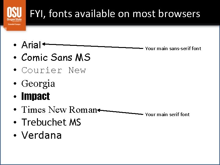 FYI, fonts available on most browsers • • Arial Comic Sans MS Courier New