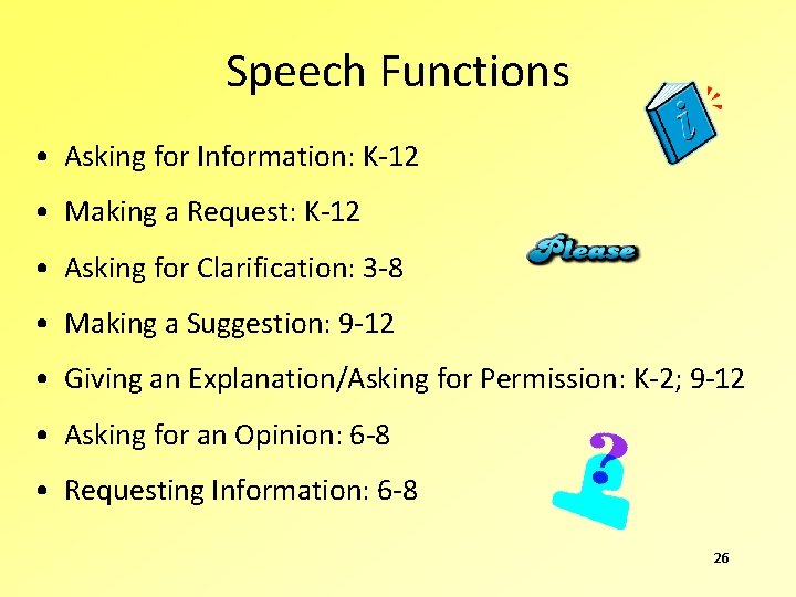 Speech Functions • Asking for Information: K-12 • Making a Request: K-12 • Asking