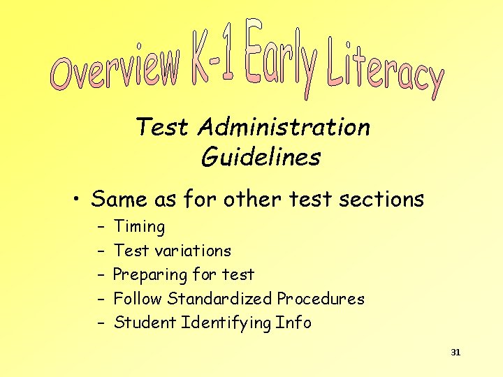 Test Administration Guidelines • Same as for other test sections – – – Timing