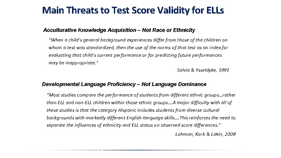 Main Threats to Test Score Validity for ELLs Acculturative Knowledge Acquisition – Not Race