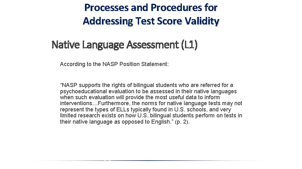 Processes and Procedures for Addressing Test Score Validity Native Language Assessment (L 1) According