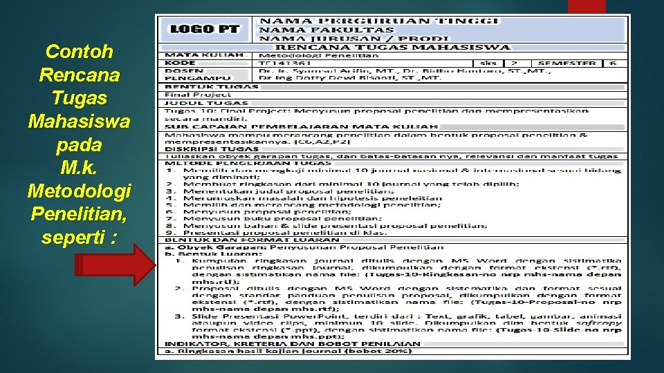 Contoh Rencana Tugas Mahasiswa pada M. k. Metodologi Penelitian, seperti : 
