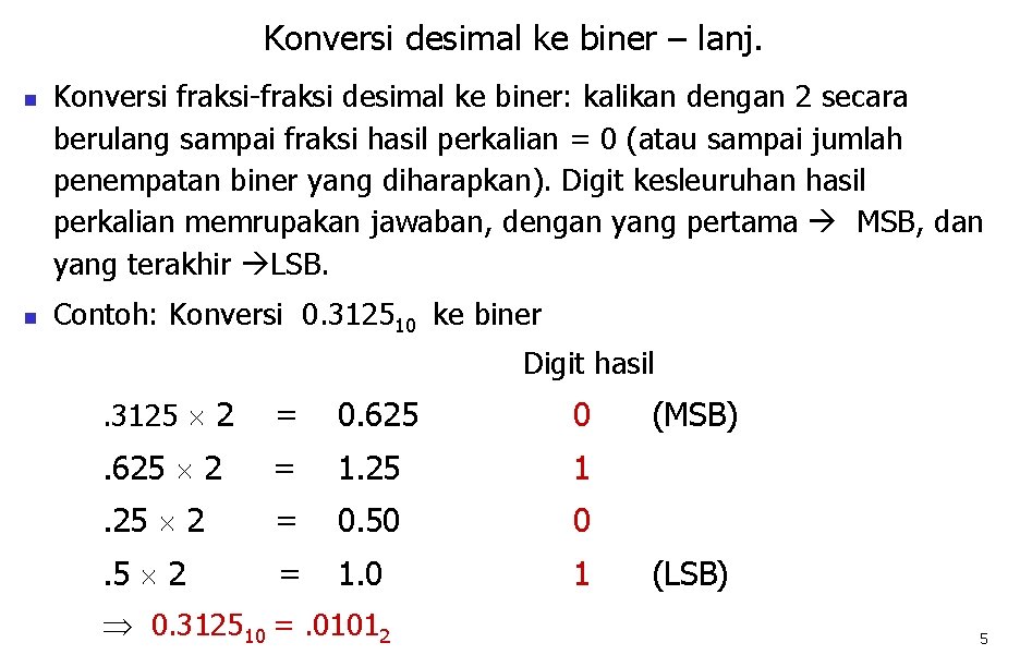 Konversi desimal ke biner – lanj. n n Konversi fraksi-fraksi desimal ke biner: kalikan