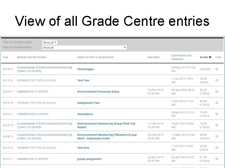 View of all Grade Centre entries 
