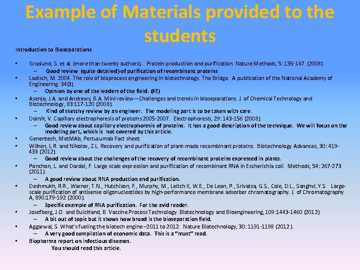 Example of Materials provided to the students Introduction to Bioseparations • Graslund, S. et