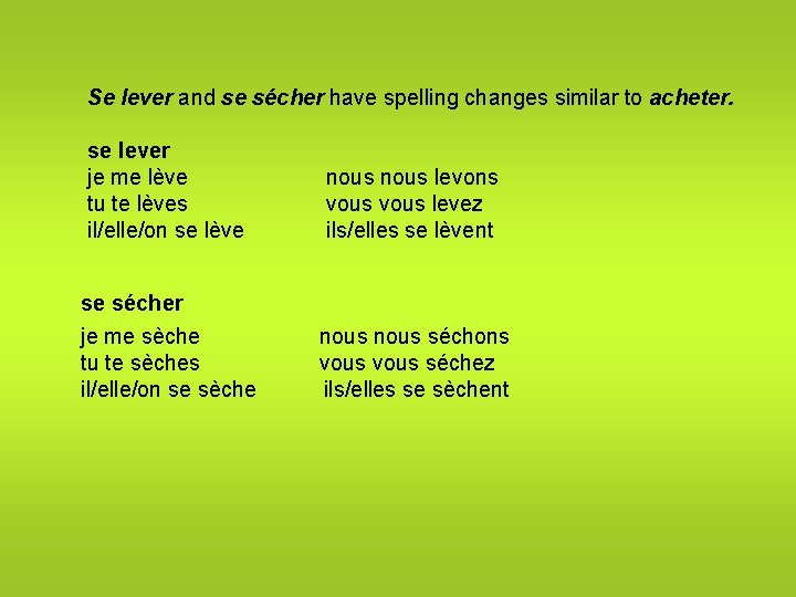 Se lever and se sécher have spelling changes similar to acheter. se lever je