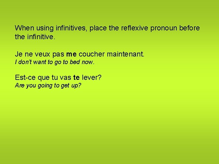 When using infinitives, place the reflexive pronoun before the infinitive. Je ne veux pas