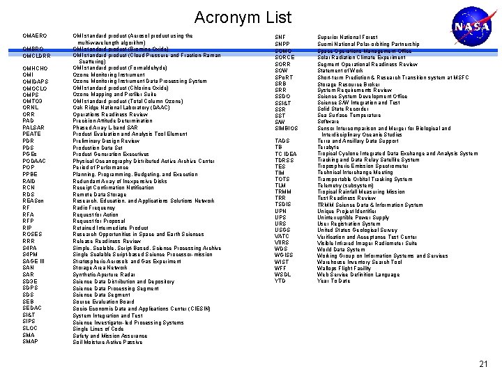 Acronym List OMAERO OMBRO OMCLDRR OMHCHO OMIDAPS OMOCLO OMPS OMTO 3 ORNL ORR PAD