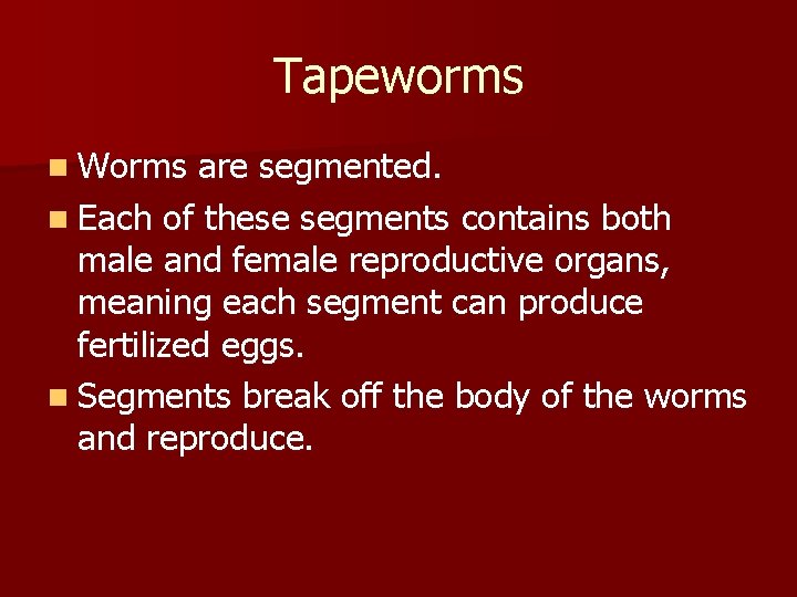 Tapeworms n Worms are segmented. n Each of these segments contains both male and