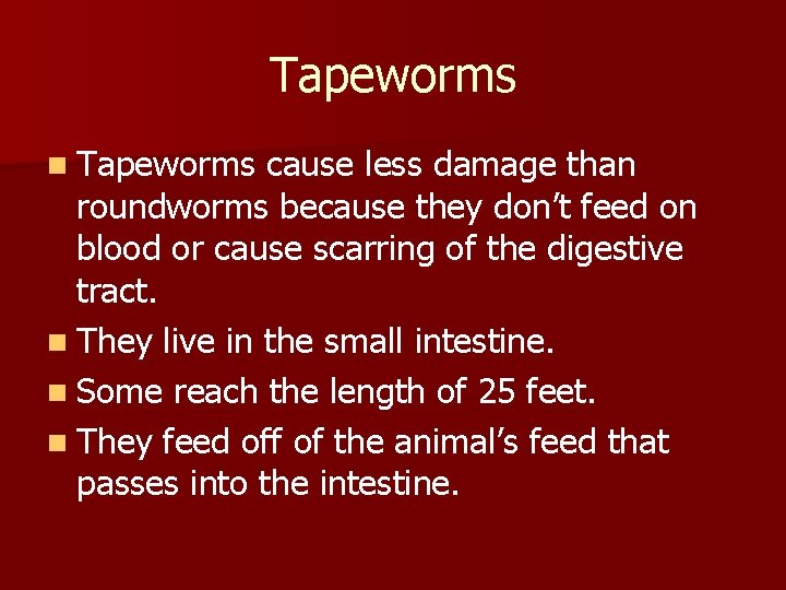 Tapeworms n Tapeworms cause less damage than roundworms because they don’t feed on blood