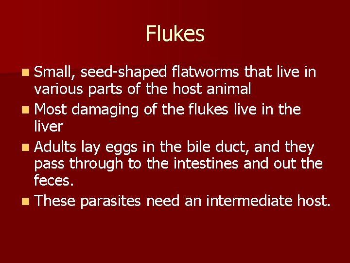 Flukes n Small, seed-shaped flatworms that live in various parts of the host animal