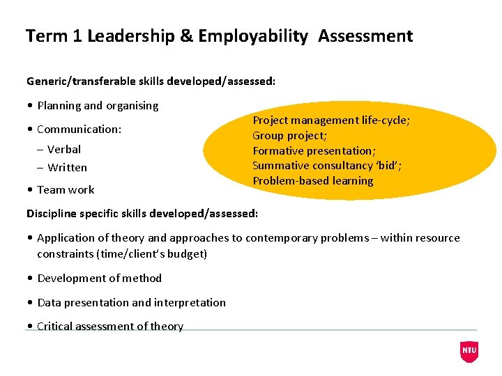 Term 1 Leadership & Employability Assessment Generic/transferable skills developed/assessed: • Planning and organising •