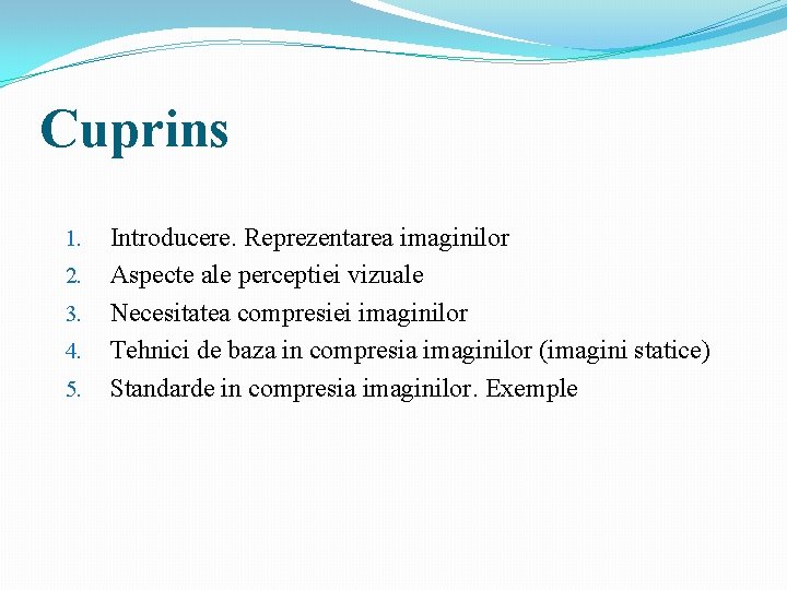 Cuprins 1. 2. 3. 4. 5. Introducere. Reprezentarea imaginilor Aspecte ale perceptiei vizuale Necesitatea