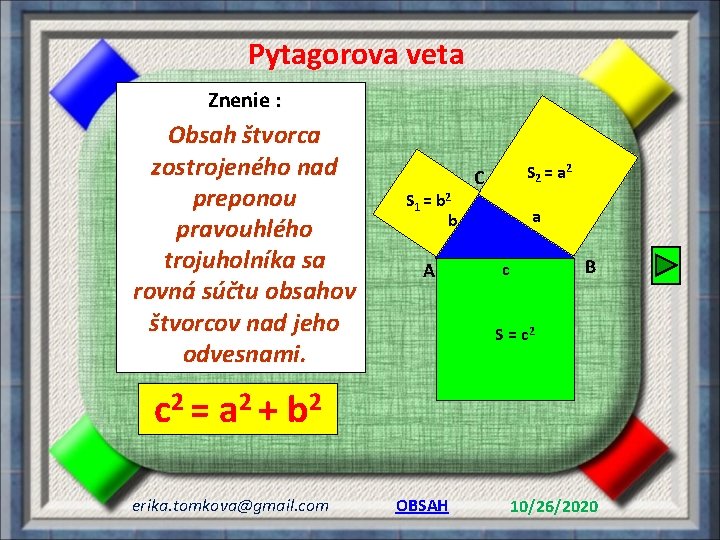 Pytagorova veta Znenie : Obsah štvorca zostrojeného nad preponou pravouhlého trojuholníka sa rovná súčtu