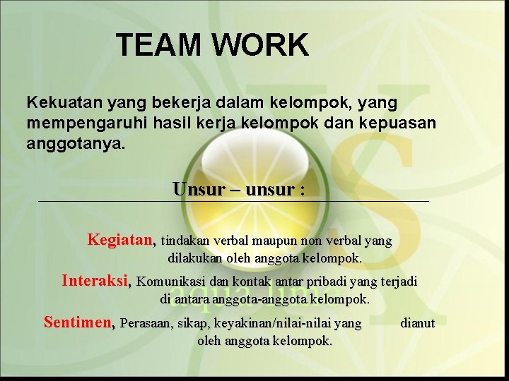 TEAM WORK Kekuatan yang bekerja dalam kelompok, yang mempengaruhi hasil kerja kelompok dan kepuasan