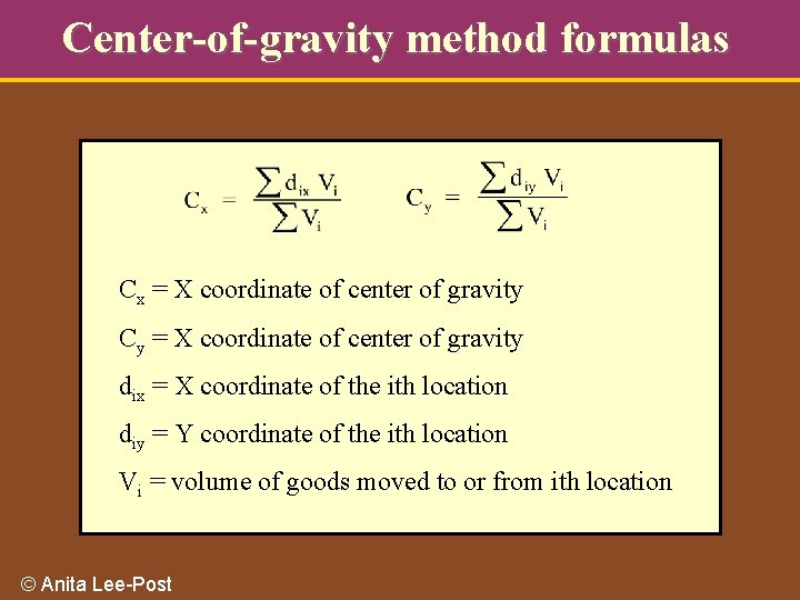 Center-of-gravity method formulas Cx = X coordinate of center of gravity Cy = X