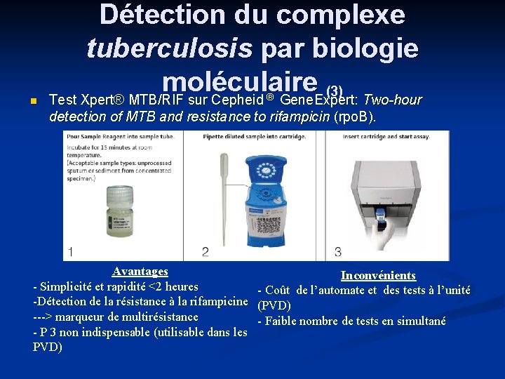  Détection du complexe tuberculosis par biologie moléculaire (3) Test Xpert® MTB/RIF sur Cepheid