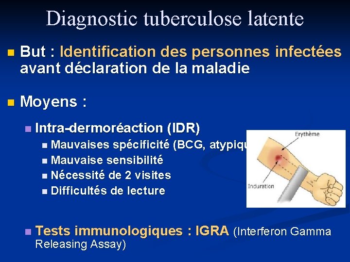 Diagnostic tuberculose latente But : Identification des personnes infectées avant déclaration de la maladie