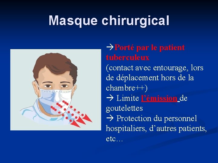 Masque chirurgical Porté par le patient tuberculeux (contact avec entourage, lors de déplacement hors