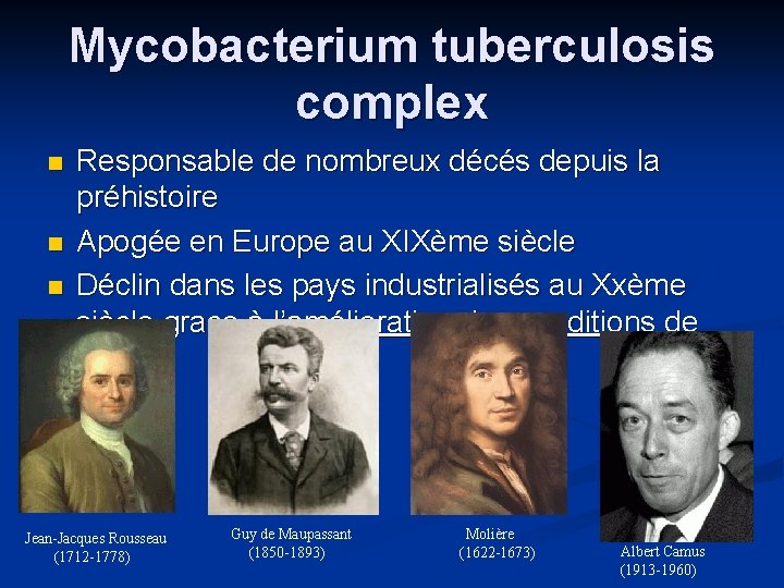 Mycobacterium tuberculosis complex Responsable de nombreux décés depuis la préhistoire Apogée en Europe au