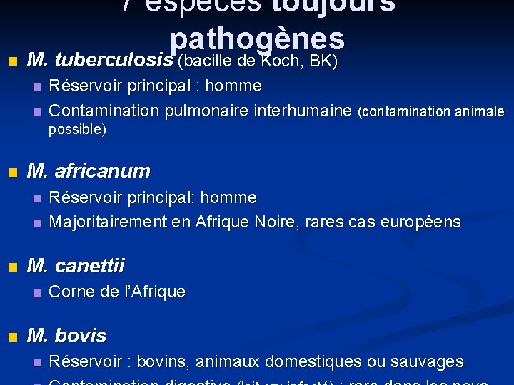  7 espèces toujours pathogènes M. tuberculosis (bacille de Koch, BK) Réservoir principal :