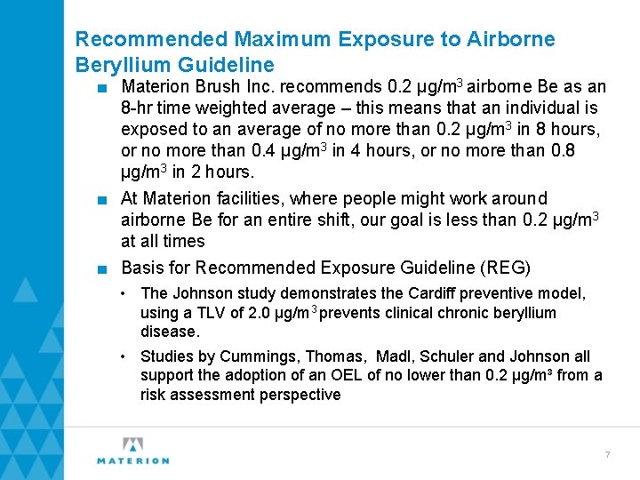 Recommended Maximum Exposure to Airborne Beryllium Guideline ■ Materion Brush Inc. recommends 0. 2