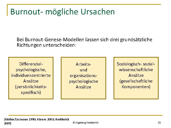 Burnout- mögliche Ursachen Bei Burnout-Genese-Modellen lassen sich drei grundsätzliche Richtungen unterscheiden: Differenzialpsychologische, individuenzentrierte Ansätze