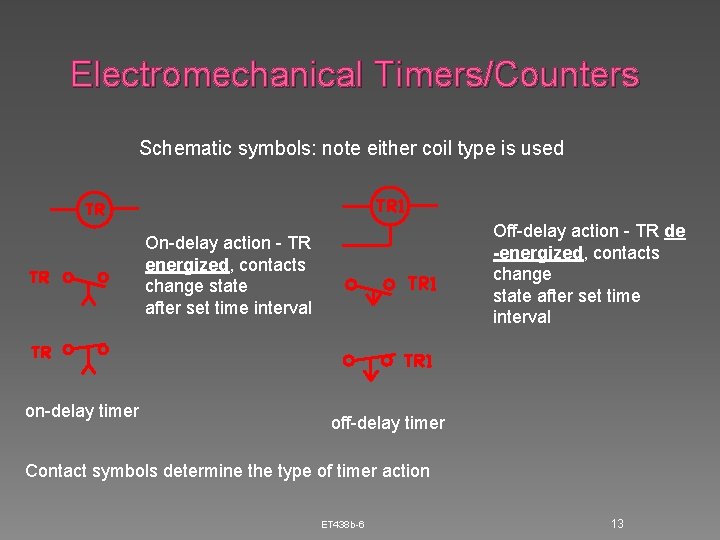 Electromechanical Timers/Counters Schematic symbols: note either coil type is used Off-delay action - TR Electromechanical Timers/Counters Schematic symbols: note either coil type is used Off-delay action - TR