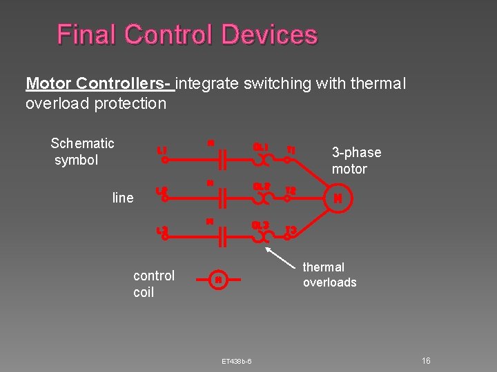 Final Control Devices Motor Controllers- integrate switching with thermal overload protection Schematic symbol 3 Final Control Devices Motor Controllers- integrate switching with thermal overload protection Schematic symbol 3