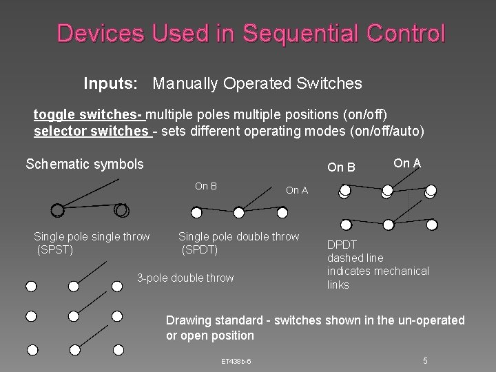 Devices Used in Sequential Control Inputs: Manually Operated Switches toggle switches- multiple poles multiple Devices Used in Sequential Control Inputs: Manually Operated Switches toggle switches- multiple poles multiple