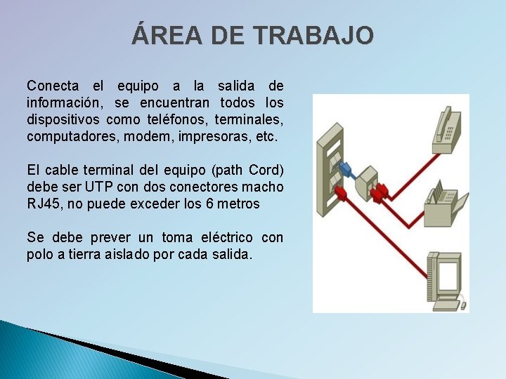 ÁREA DE TRABAJO Conecta el equipo a la salida de información, se encuentran todos