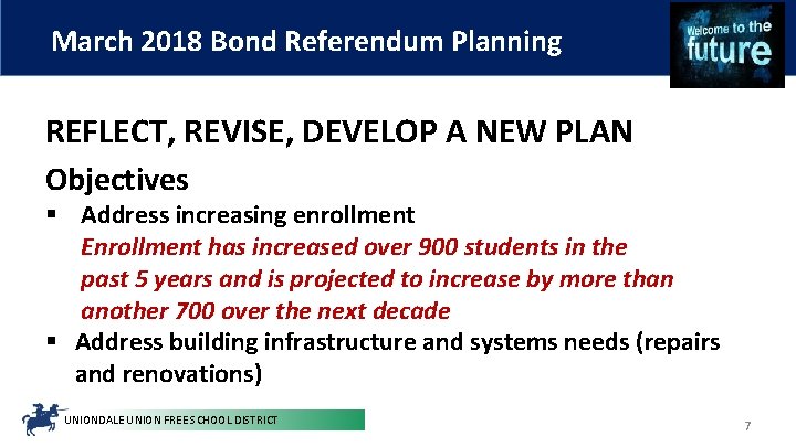 March 2018 Bond Referendum Planning REFLECT, REVISE, DEVELOP A NEW PLAN Objectives § Address