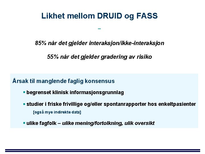 Likhet mellom DRUID og FASS – 85% når det gjelder interaksjon/ikke-interaksjon 55% når det
