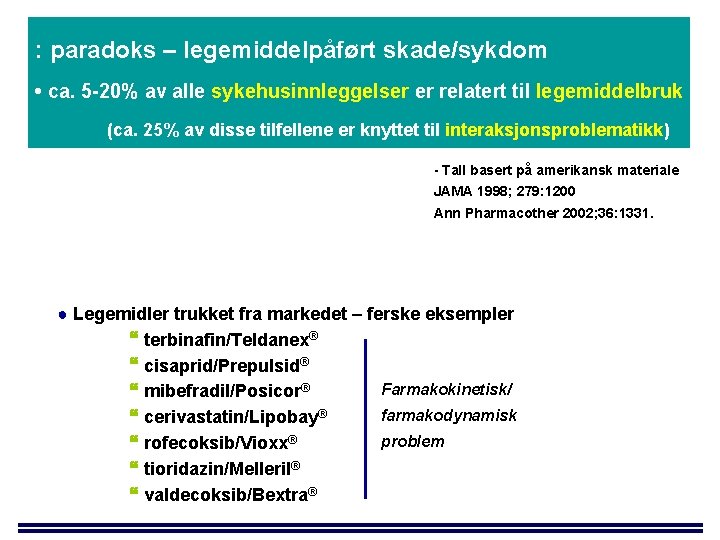 : paradoks – legemiddelpåført skade/sykdom • ca. 5 -20% av alle sykehusinnleggelser er relatert