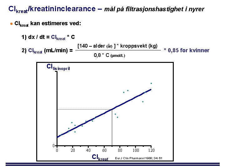 Clkreat/kreatininclearance – mål på filtrasjonshastighet i nyrer Clkreat kan estimeres ved: 1) dx /