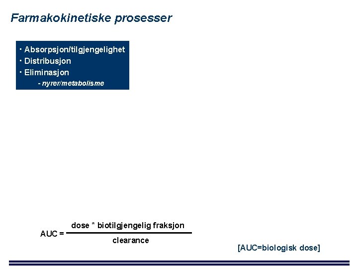 Farmakokinetiske prosesser Absorpsjon/tilgjengelighet Distribusjon Eliminasjon - nyrer/metabolisme AUC = dose * biotilgjengelig fraksjon clearance