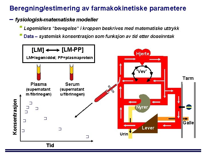 Beregning/estimering av farmakokinetiske parametere – fysiologisk-matematiske modeller Legemidlers ”bevegelse” i kroppen beskrives med matematiske