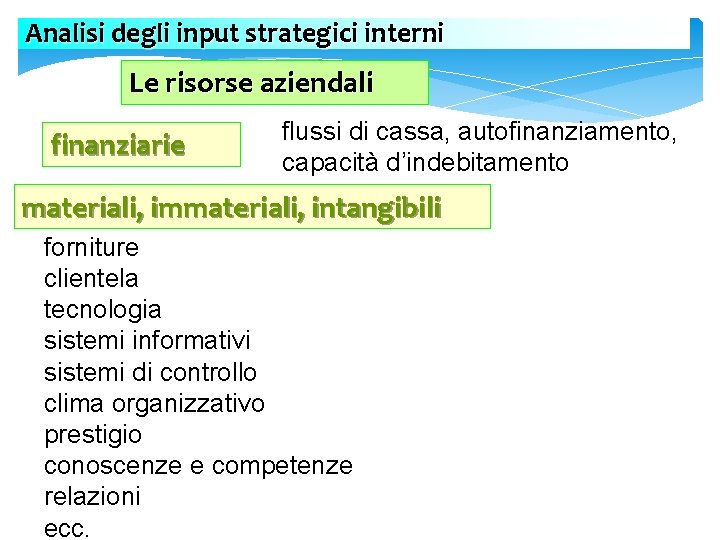 Analisi degli input strategici interni Le risorse aziendali finanziarie flussi di cassa, autofinanziamento, capacità