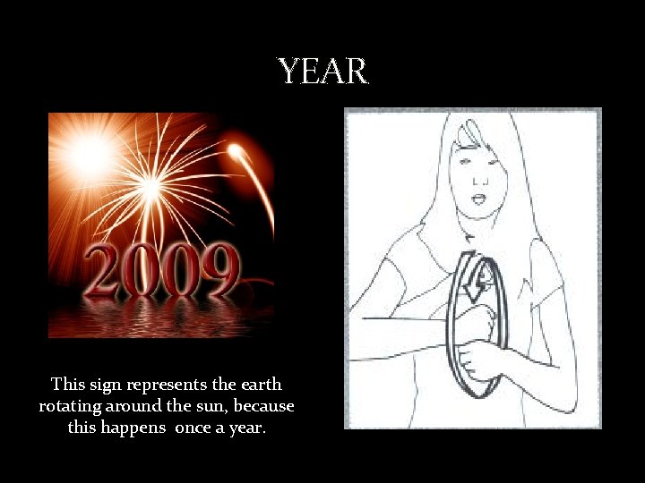 YEAR This sign represents the earth rotating around the sun, because this happens once