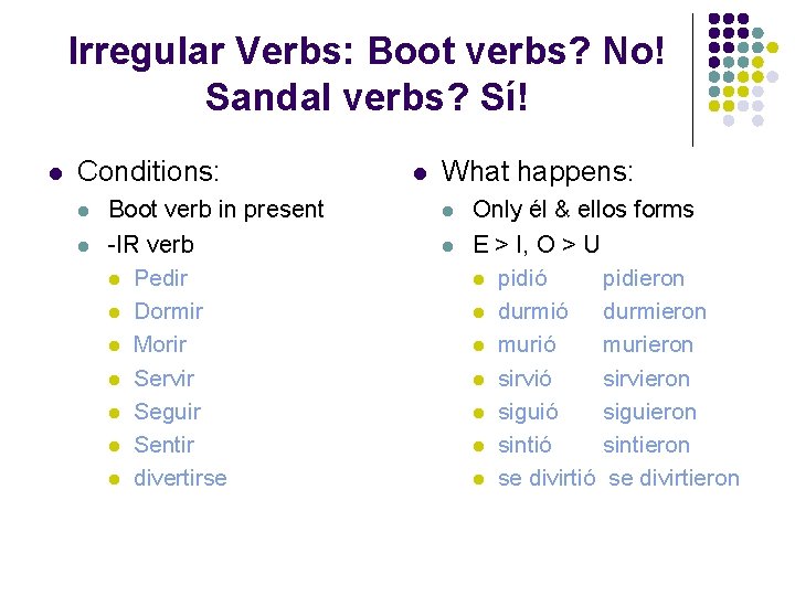 Irregular Verbs: Boot verbs? No! Sandal verbs? Sí! l Conditions: l l Boot verb