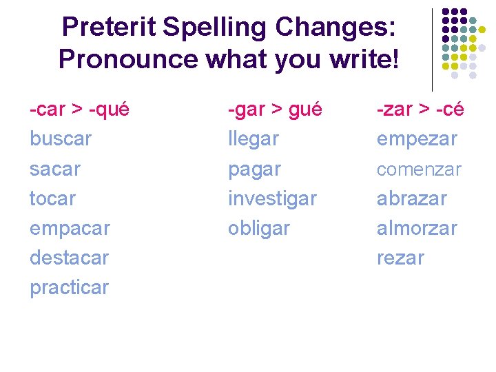 Preterit Spelling Changes: Pronounce what you write! -car > -qué buscar sacar tocar empacar