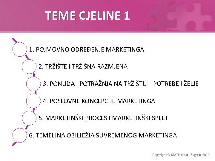 TEME CJELINE 1 1. POJMOVNO ODREĐENJE MARKETINGA 2. TRŽIŠTE I TRŽIŠNA RAZMJENA 3. PONUDA